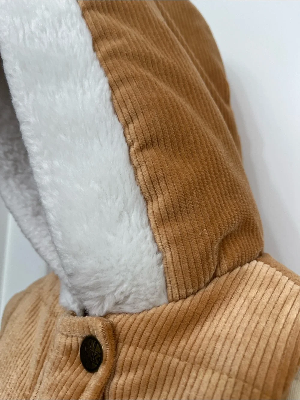 Corduroy Hooded Puffer Vest with Sherpa Lining - Camel